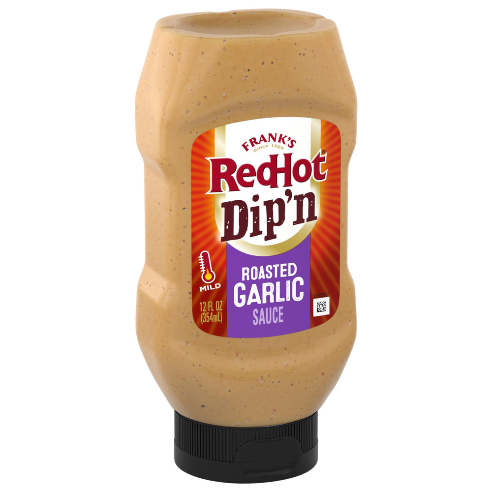 Frank's RedHot Roasted Garlic Sauce bottle view highlights bold flavor and versatility.