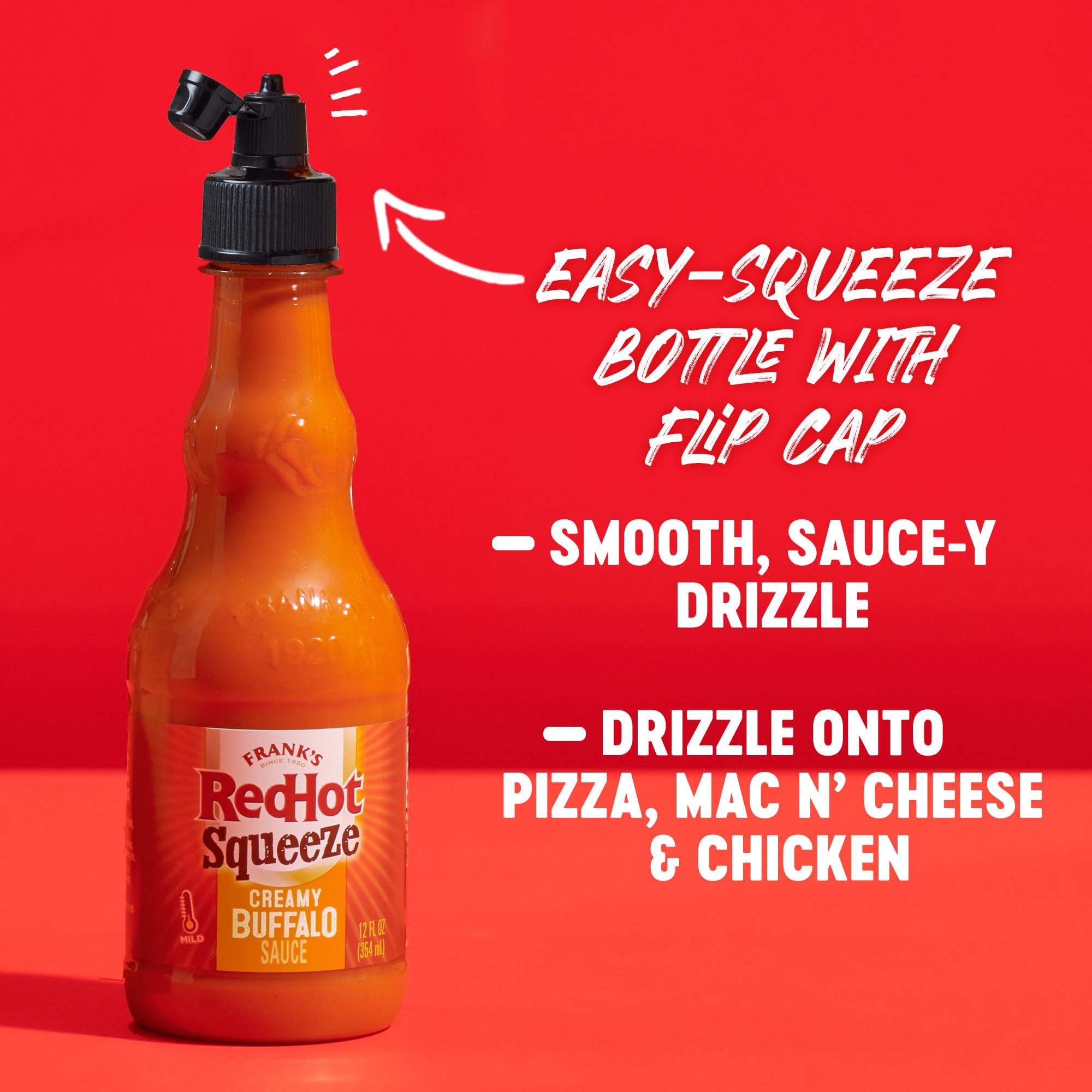 Frank's RedHot Squeeze Creamy Buffalo Sauce drizzled on pizza for tangy heat