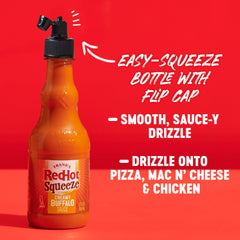 Frank's RedHot Squeeze Creamy Buffalo Sauce drizzled on pizza for tangy heat