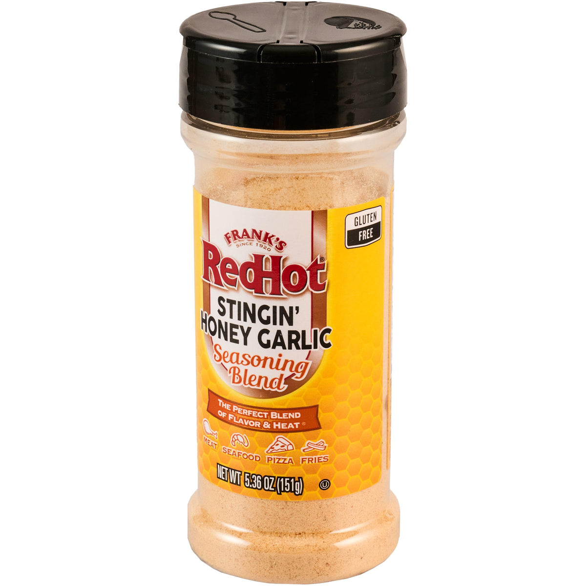 Frank's RedHot Stingin' Honey Garlic Seasoning Blend jar front, gluten-free flavor boost for meals.