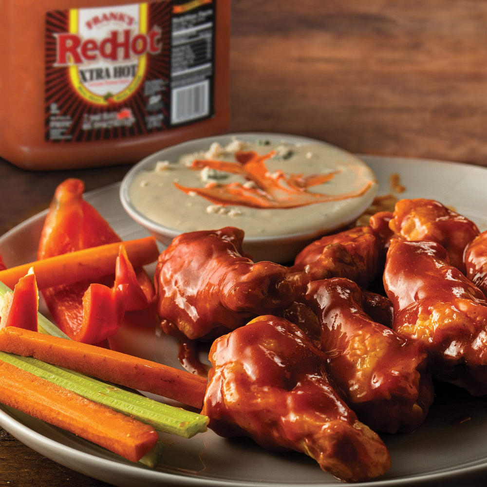 Frank's RedHot Xtra Hot 1gal jug closeup shows chef-friendly size