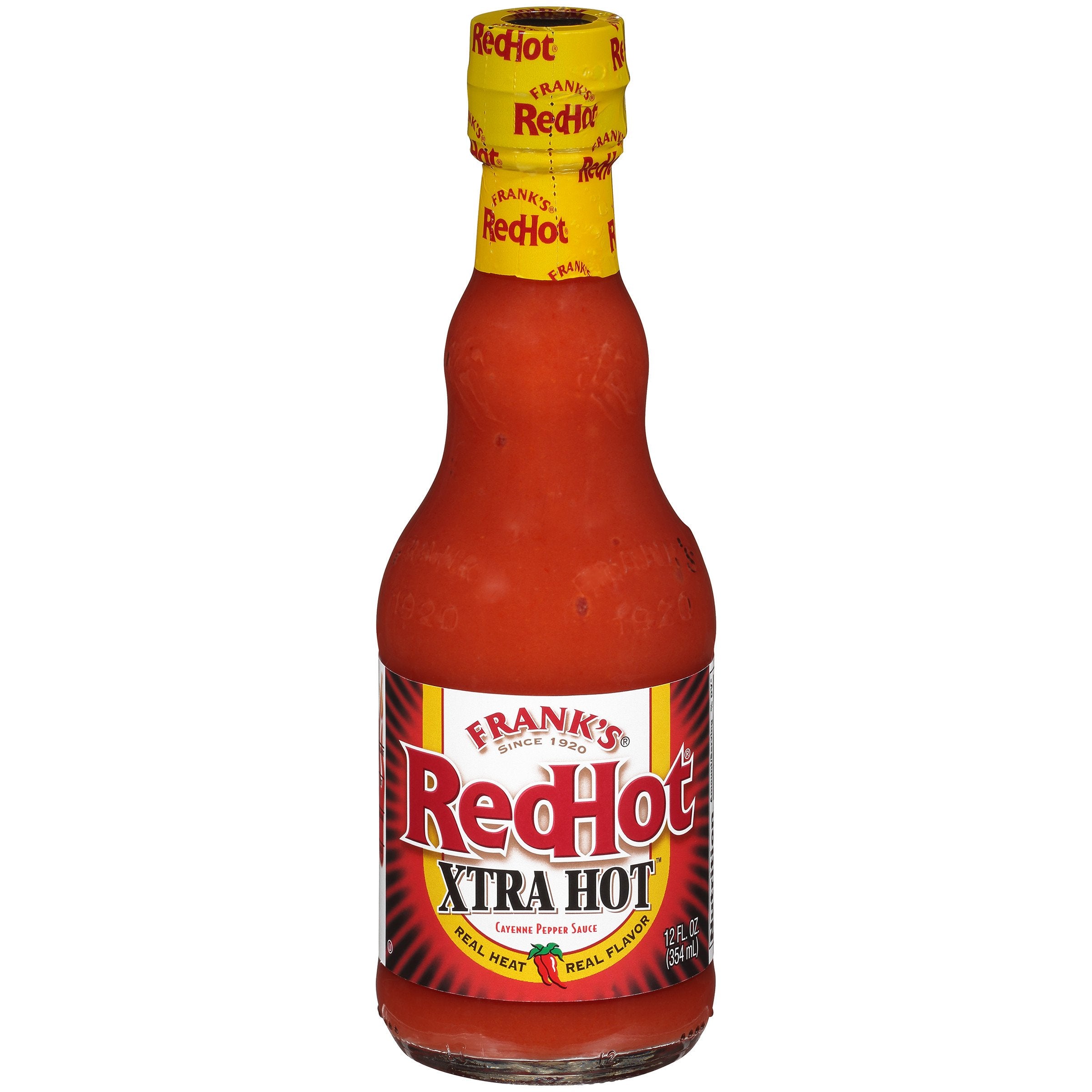Franks RedHot Xtra Hot Cayenne bottle front showing bold heat and flavor.