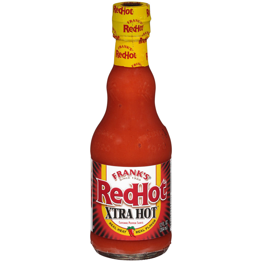 Franks RedHot Xtra Hot Cayenne bottle front showing bold heat and flavor.