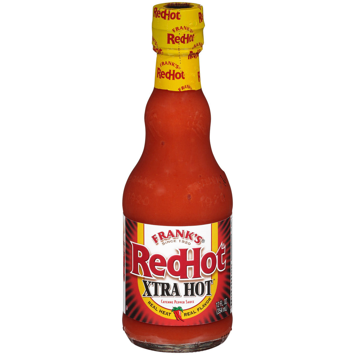 Franks RedHot Xtra Hot Cayenne bottle front showing bold heat and flavor.