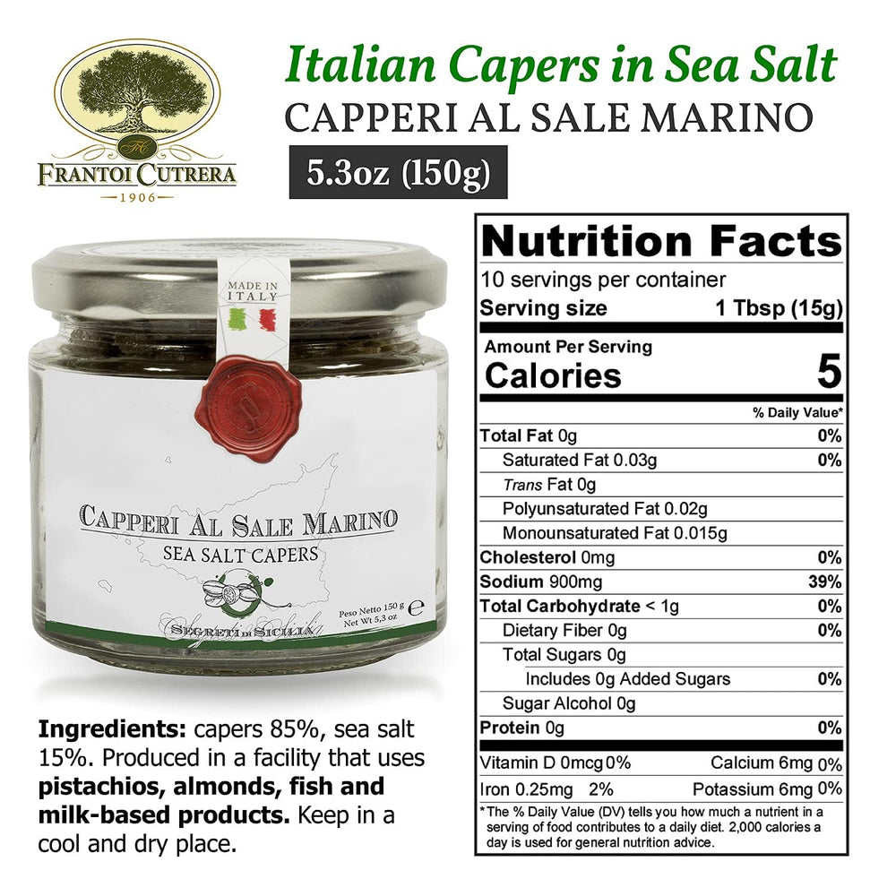 Frantoi Cutrera capers in sea salt add tangy Sicilian brightness to recipes.