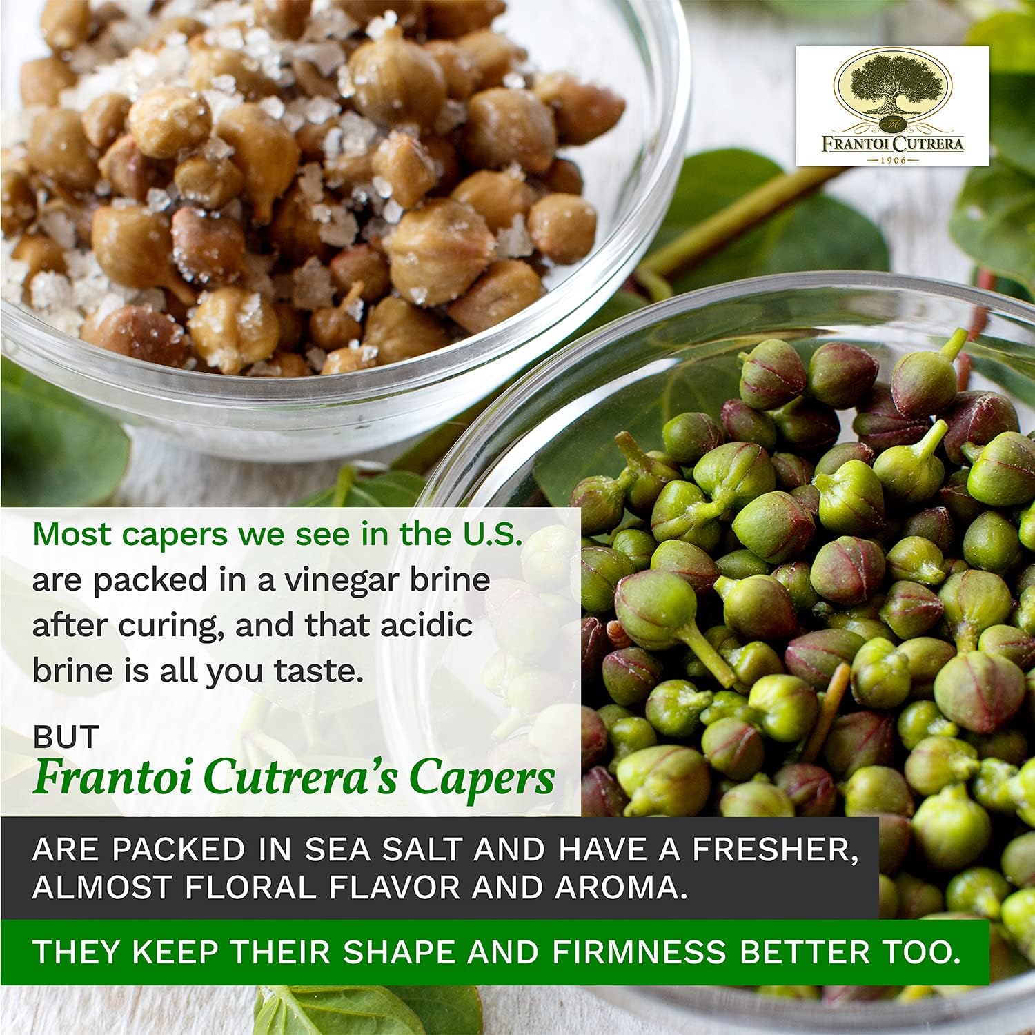 Frantoi Cutrera capers texture closeup shows firm, juicy pearls for seasoning.