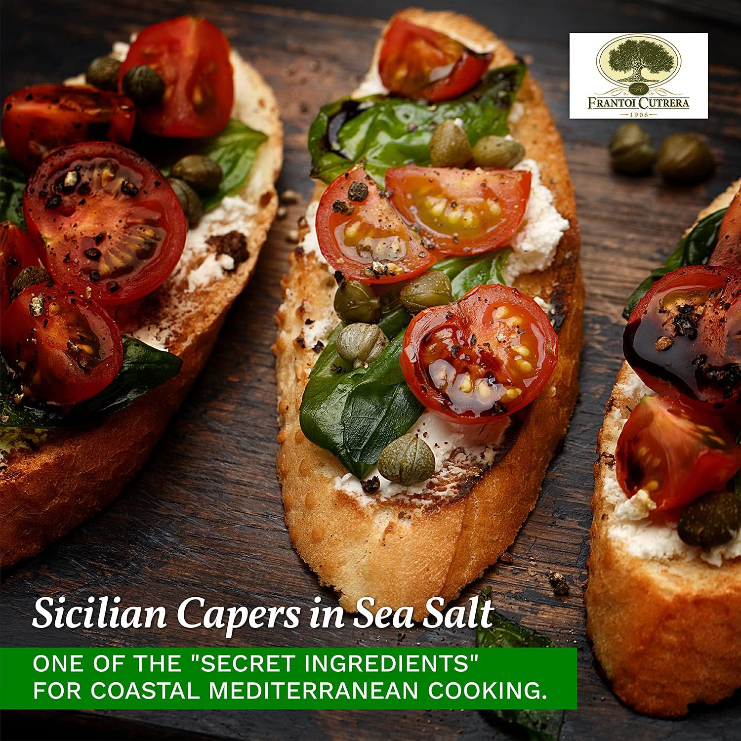 Frantoi Cutrera gourmet capers bottle conveys premium quality and traditional preservation.