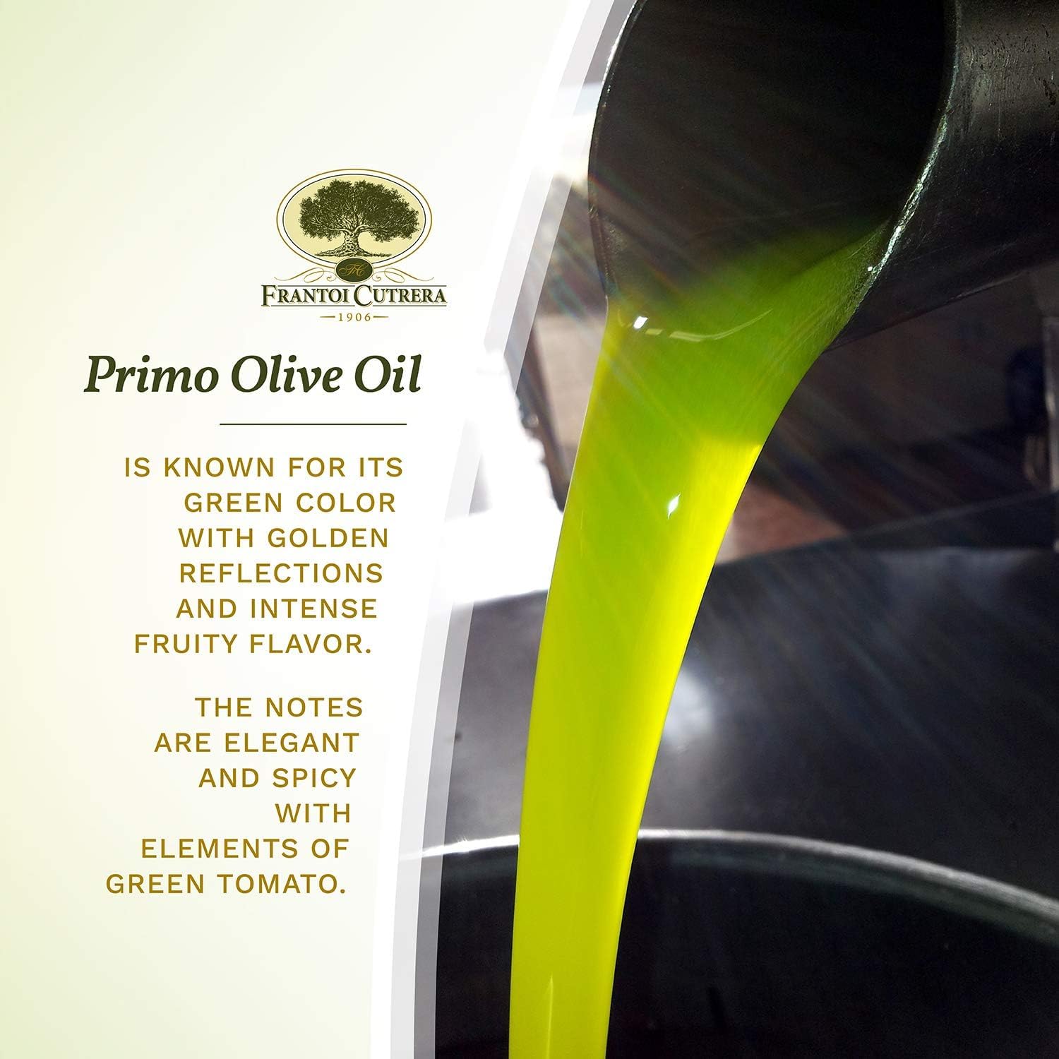 Frantoi Cutrera Primo olive oil amber glow adds warmth to a kitchen scene.