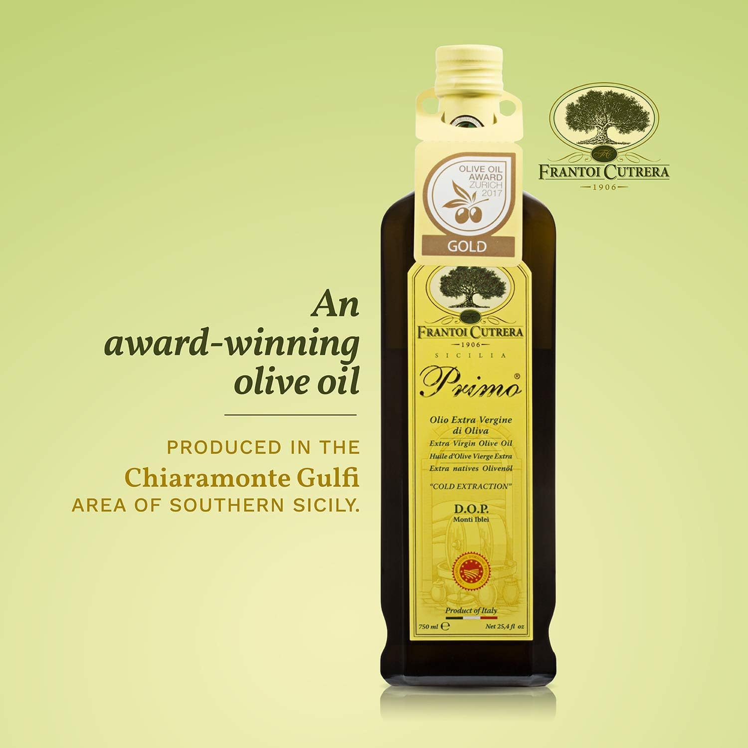 Frantoi Cutrera Primo olive oil in Sicilian fields background emphasizes origin.