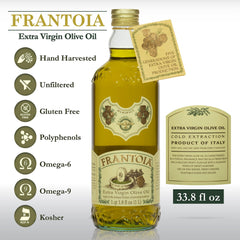 Frantoia olive oil pour in a glass shows smooth flow for dressings.