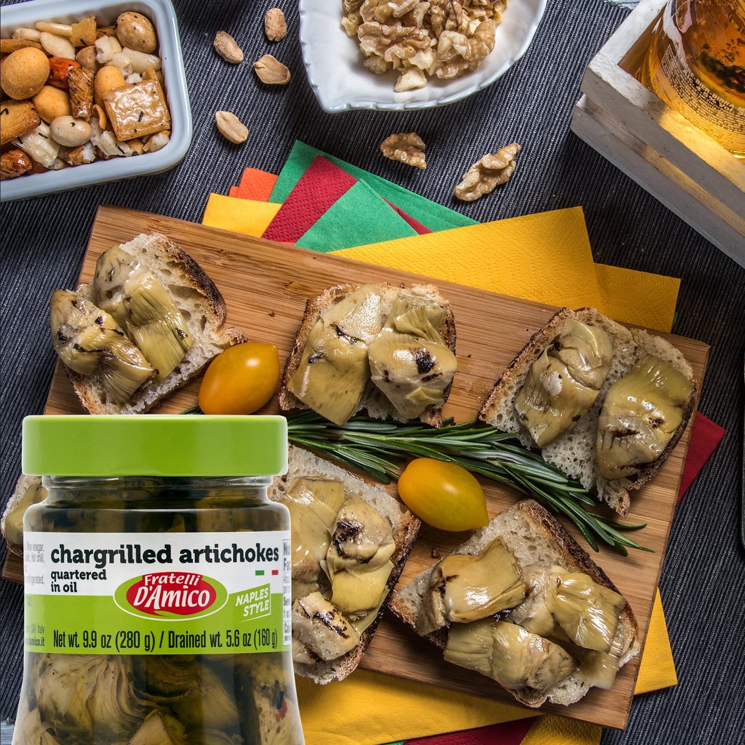 Fratelli D'Amico artichokes on antipasti plate for entertaining.
