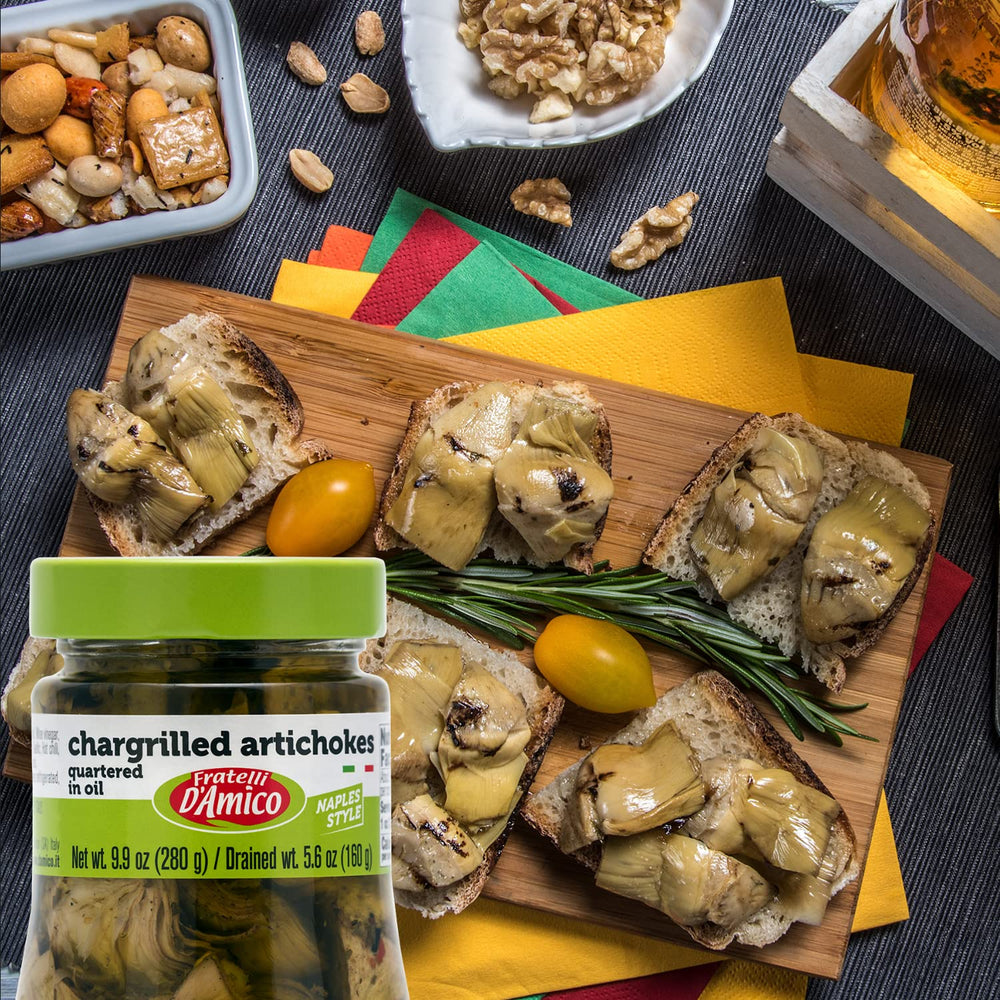 Fratelli D'Amico artichokes on antipasti plate for entertaining.