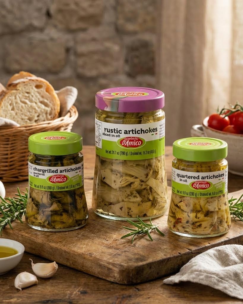 Fratelli D'Amico artichokes beside pasta, a flavorful pairing.