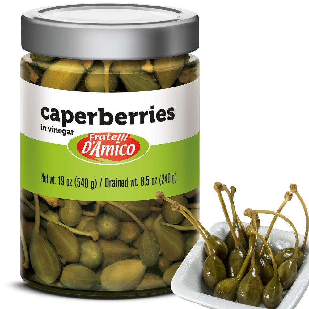 Fratelli D'Amico caperberries bottle front for salads and antipasti.