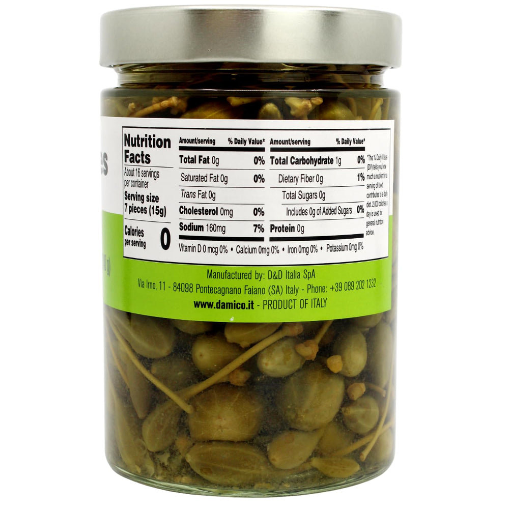 Fratelli D'Amico caperberries jar closeup showcasing brined berries.