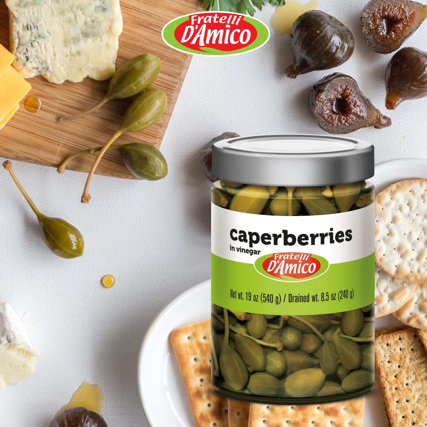 Fratelli D'Amico caperberries on a meze and salad platter.