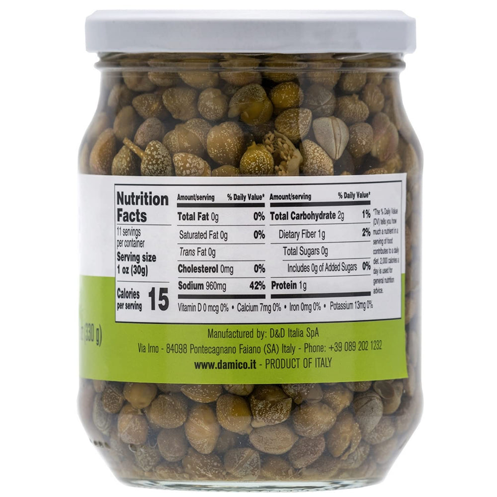 Closeup of Fratelli D'Amico capers, showcasing briny texture ideal for sauces.