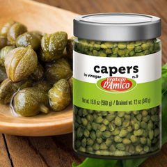 Fratelli D'Amico capers label, highlighting Non-GMO Italian quality.