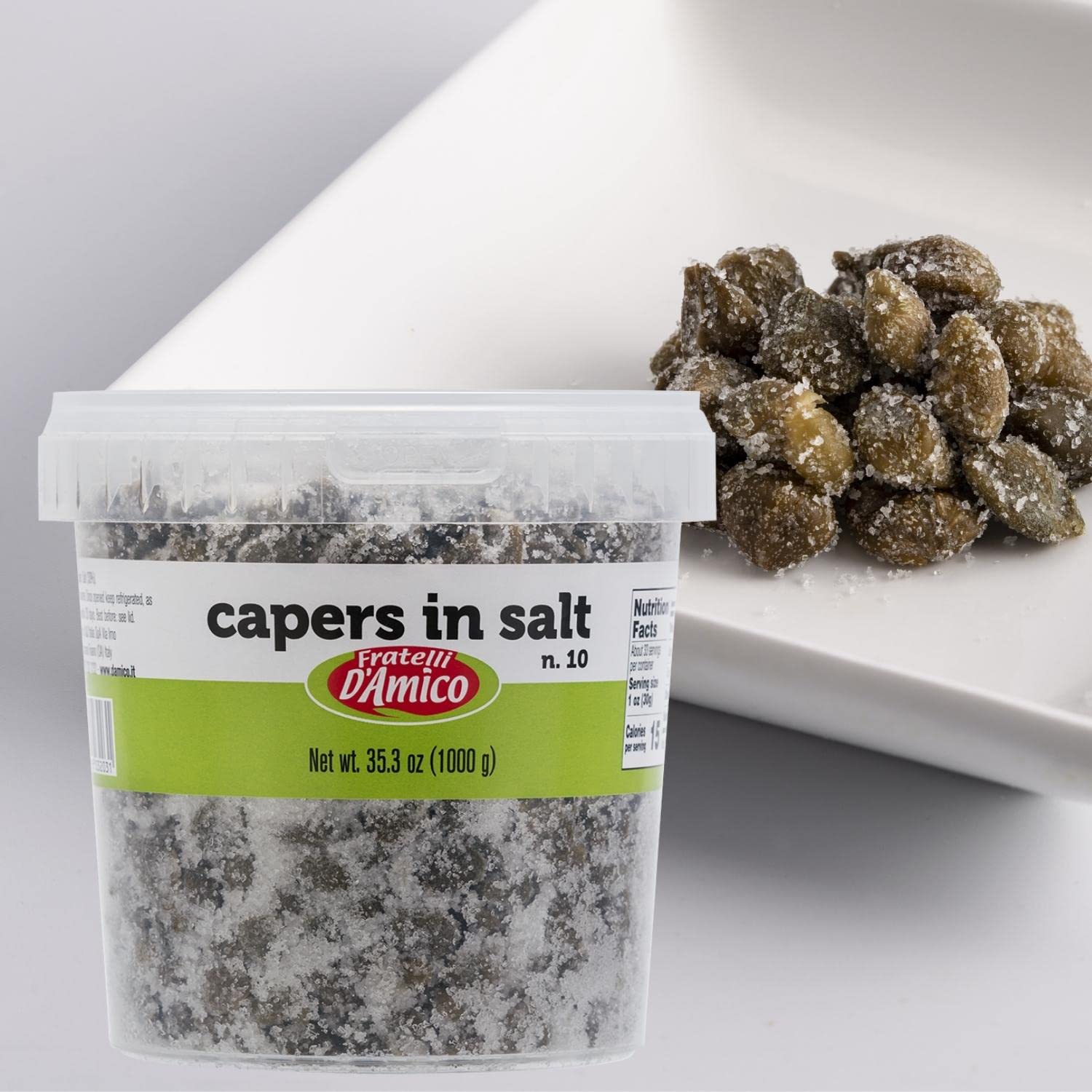 Fratelli D'Amico capers label showing Product of Italy and non-GMO status