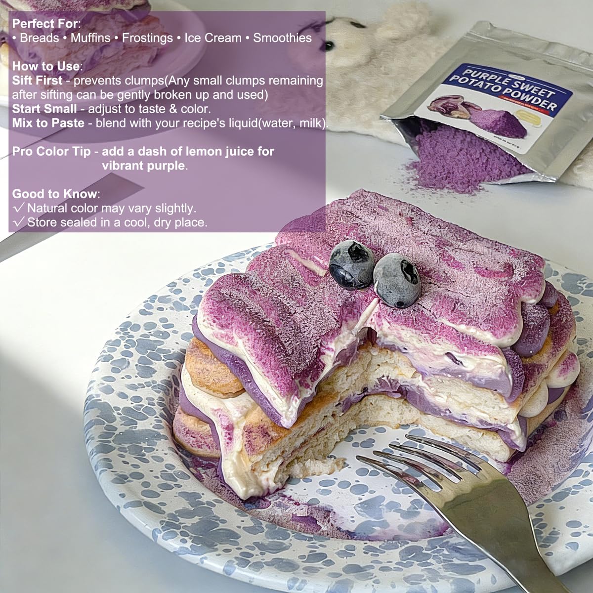 Fraunitsh ube powder in latte reveals versatile culinary use and color.