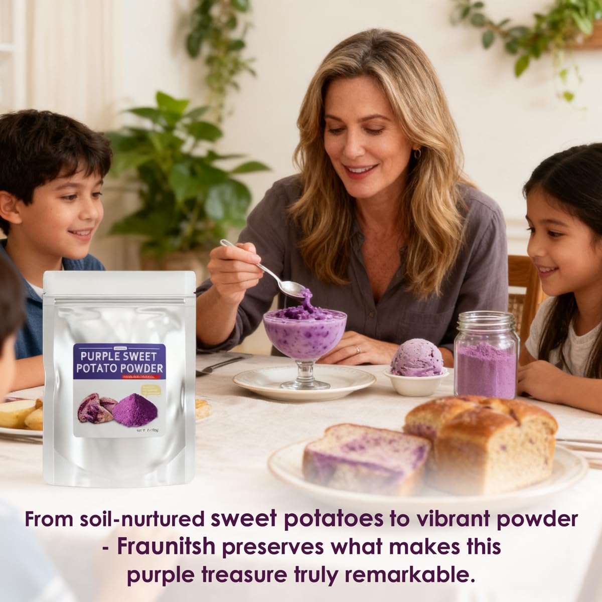 Fraunitsh ube powder in pantry pack keeps powder dry and ready.