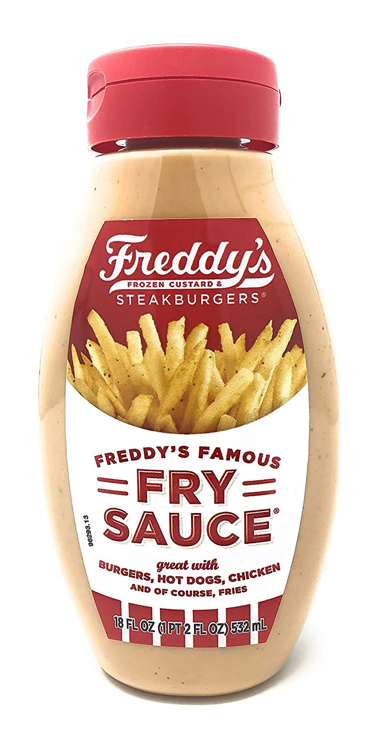 Freddy’s Fry Sauce bottle pouring for fries, a creamy tangy dip