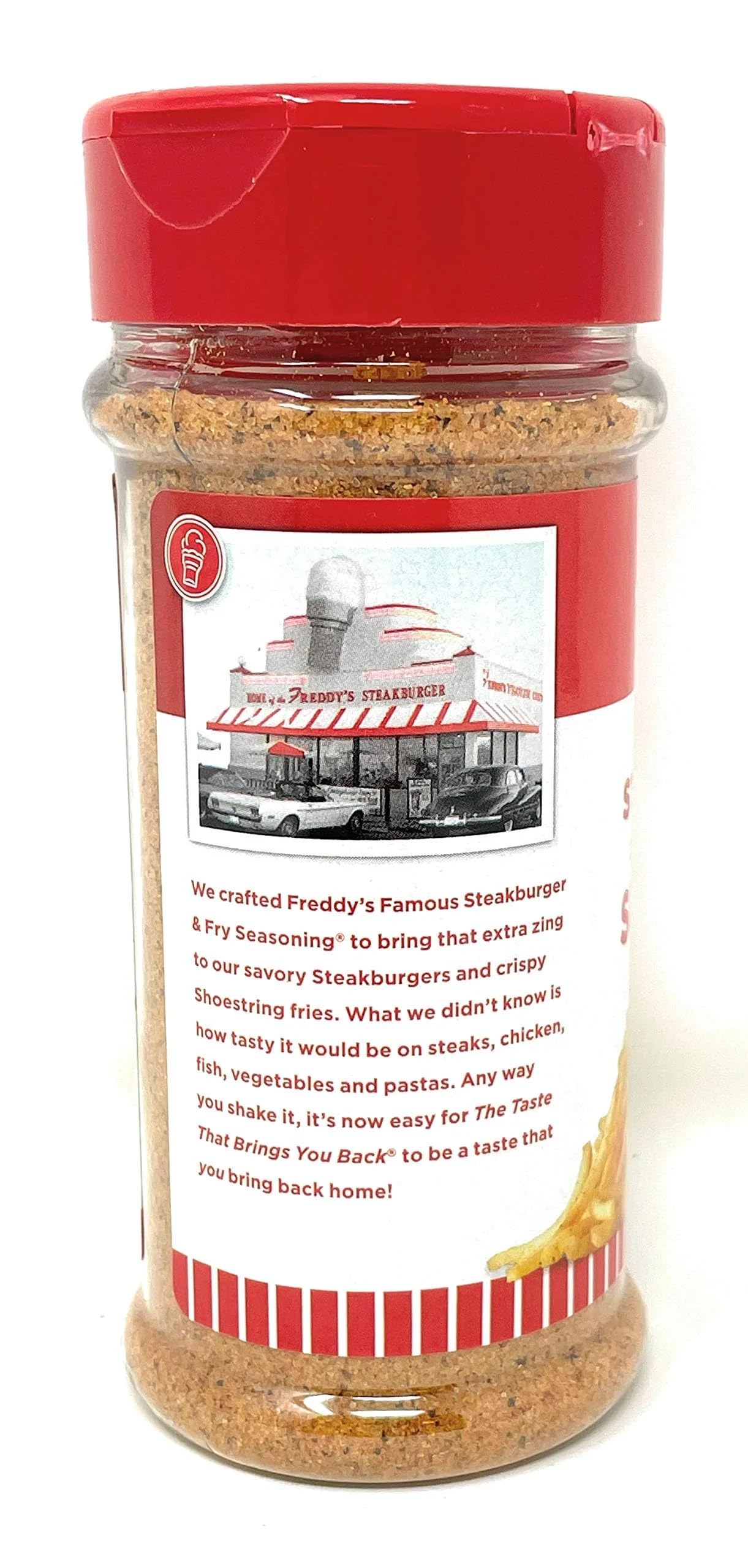 Packaging front label of Freddy's Sreakhouse seasoning for easy shelf recognition