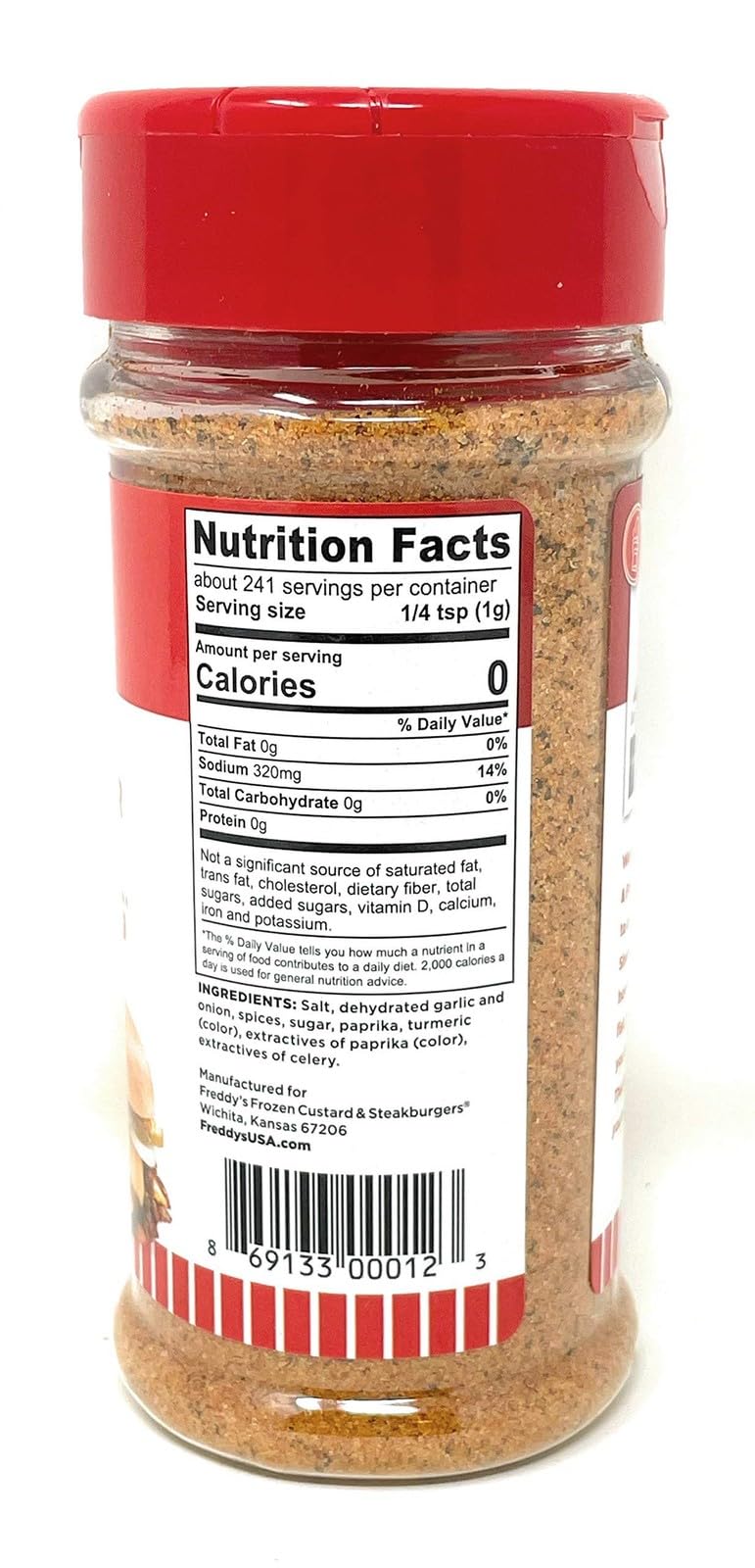 Closeup of Freddy's Sreakhouse seasoning shaker highlighting texture and aroma