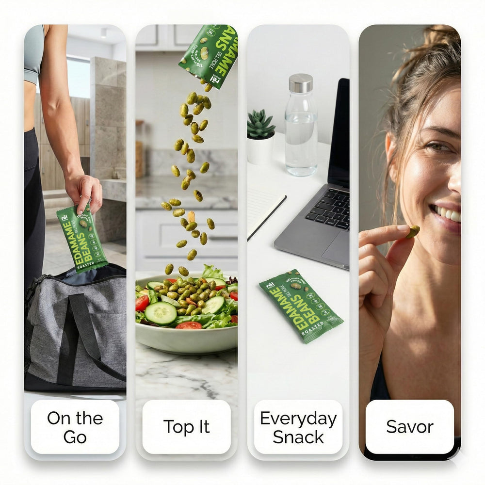 Fred's Farm Snacks dill pickle edamame in lunch bag—easy on-the-go protein.