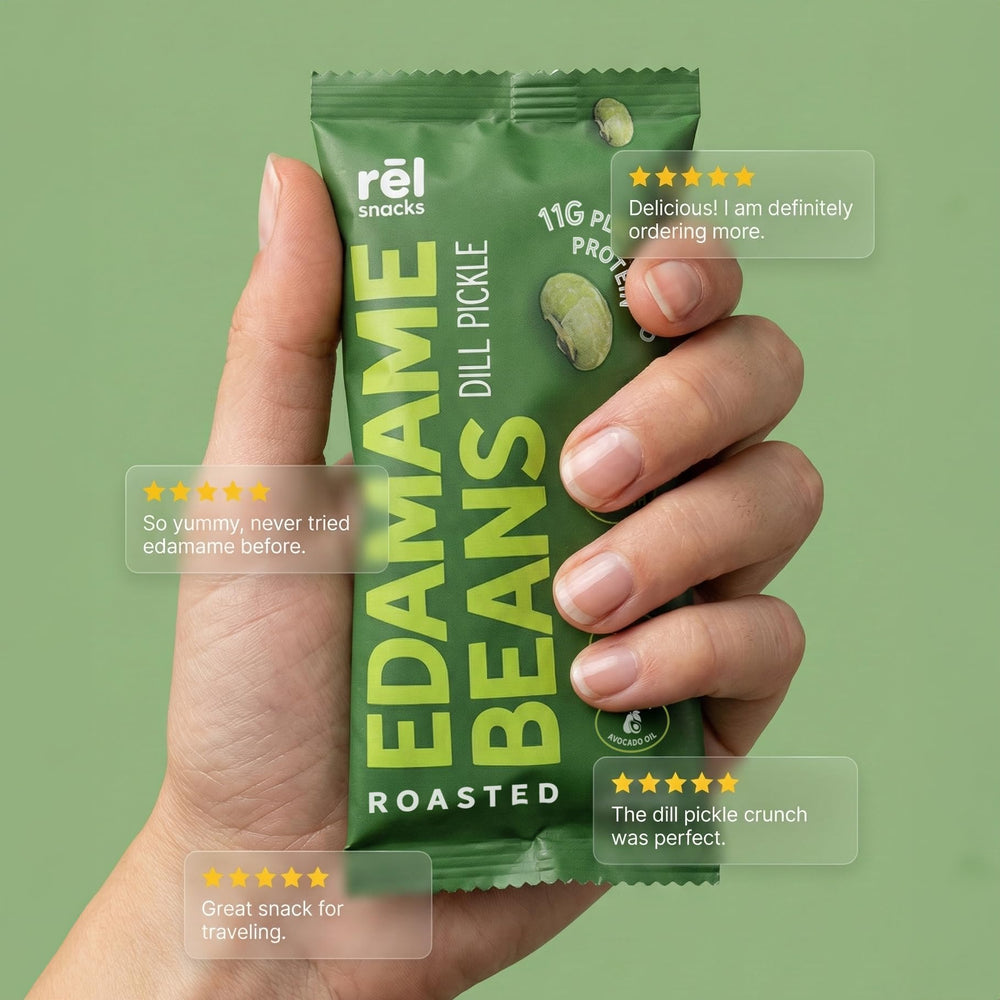 Fred's Farm Snacks dill pickle edamame package—kosher and vegan-friendly.
