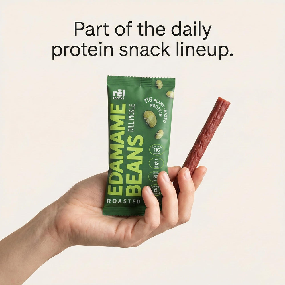 Fred's Farm Snacks dill pickle edamame on salad—topping idea.