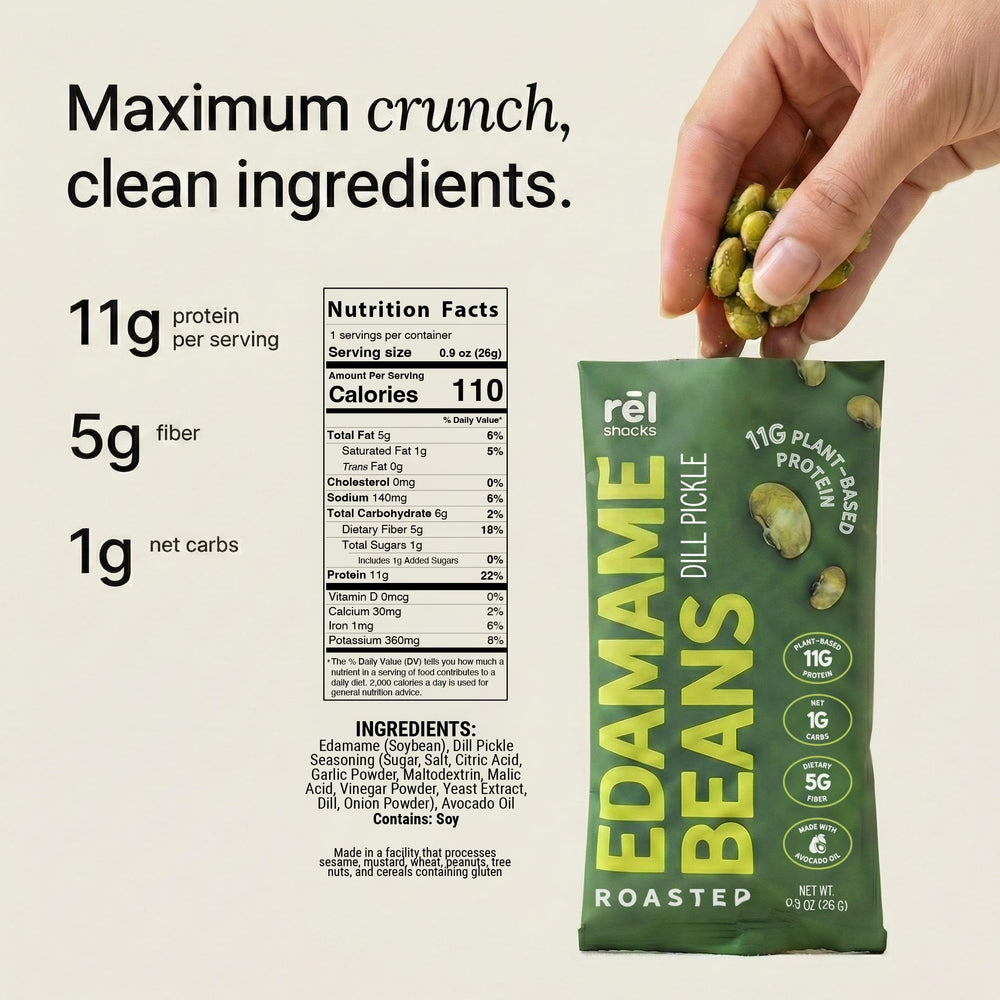 Fred's Farm Snacks dill pickle edamame pack back—nutrition at a glance.