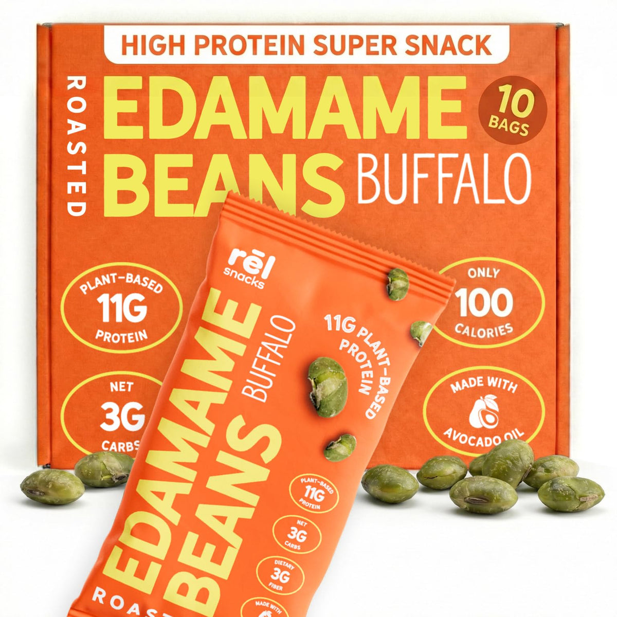 Fred's Farm Snacks Buffalo Edamame Bag shows a high-protein, on-the-go snack.