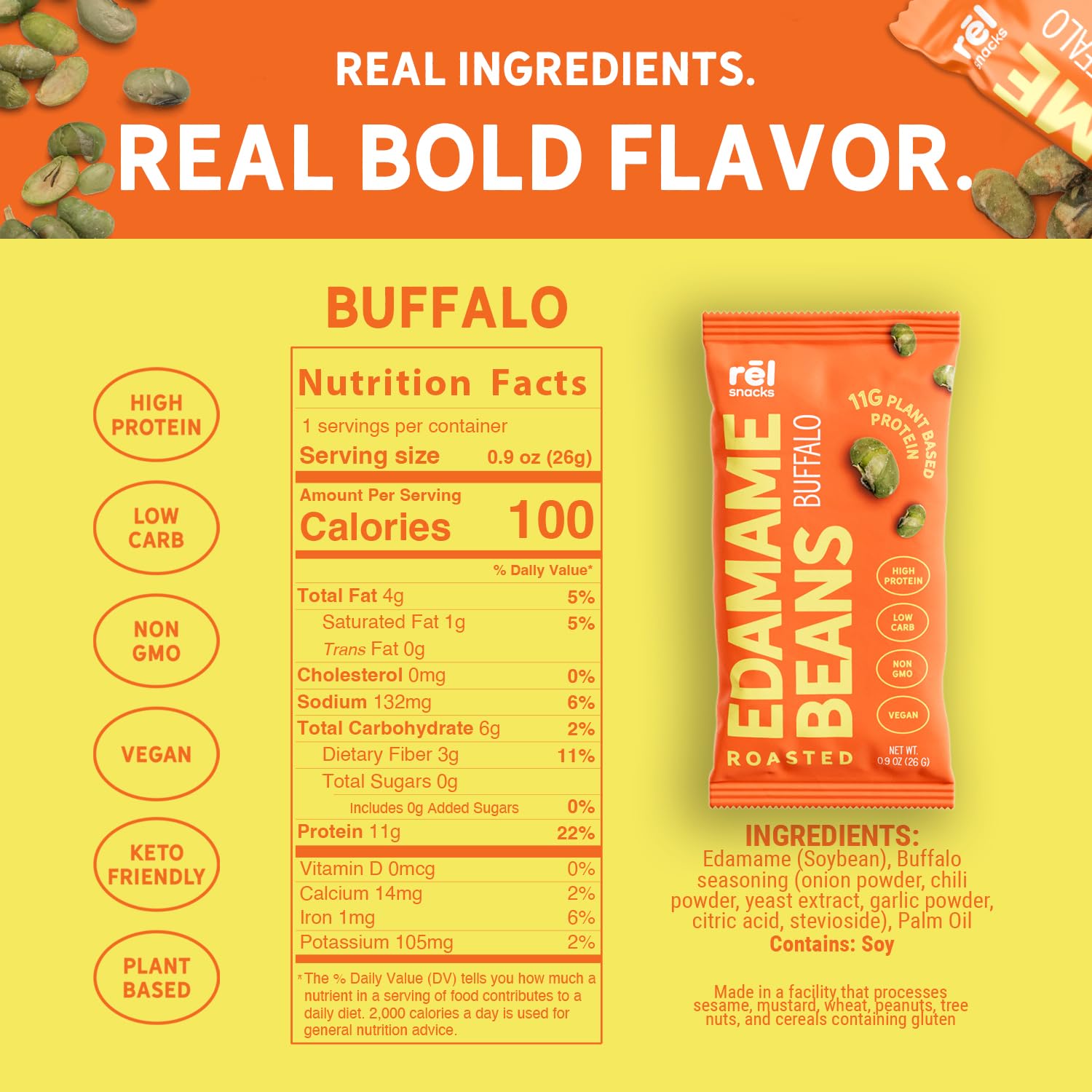 Close-up of Fred's Farm Snacks buffalo edamame crunch for bold flavor.