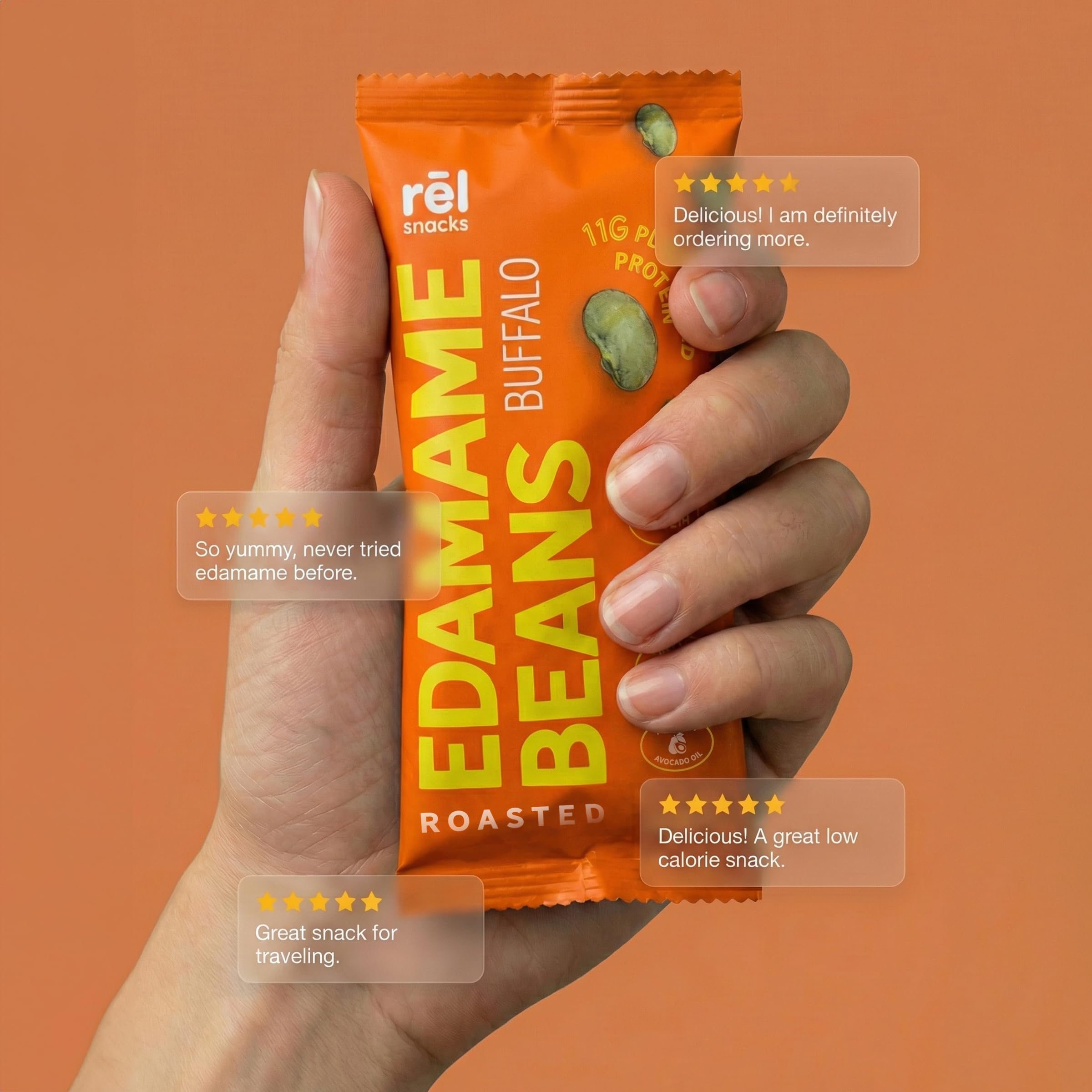 Keto-friendly label for Fred's Farm Snacks buffalo edamame, low net carbs.