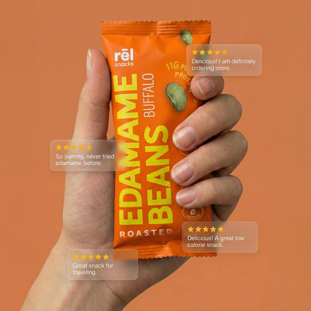 Keto-friendly label for Fred's Farm Snacks buffalo edamame, low net carbs.