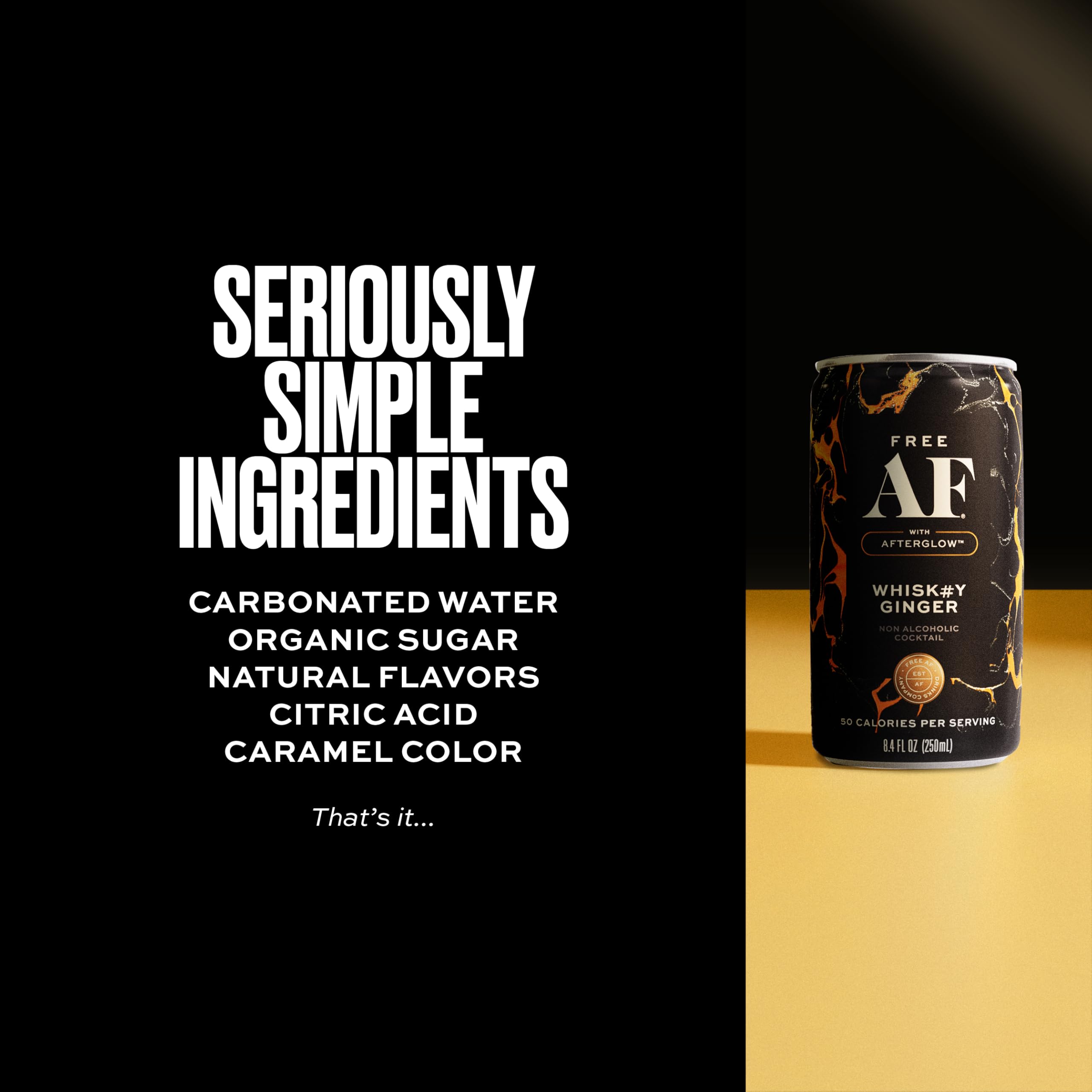 Free AF Whiskey Ginger can top view, highlights gluten-free option