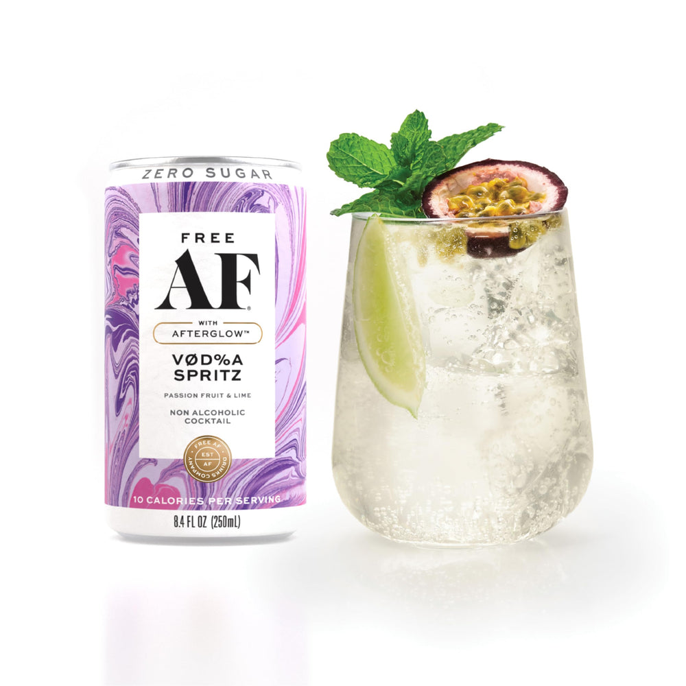 Free AF gluten-free, low-calorie can graphic emphasizing mindful sipping