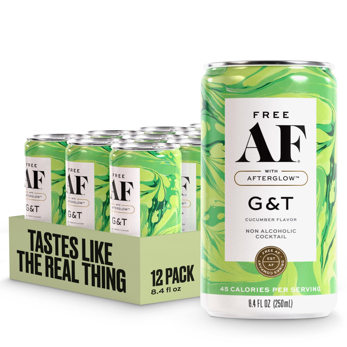 Free AF cucumber G&T can, a refreshing alcohol-free option for gatherings.