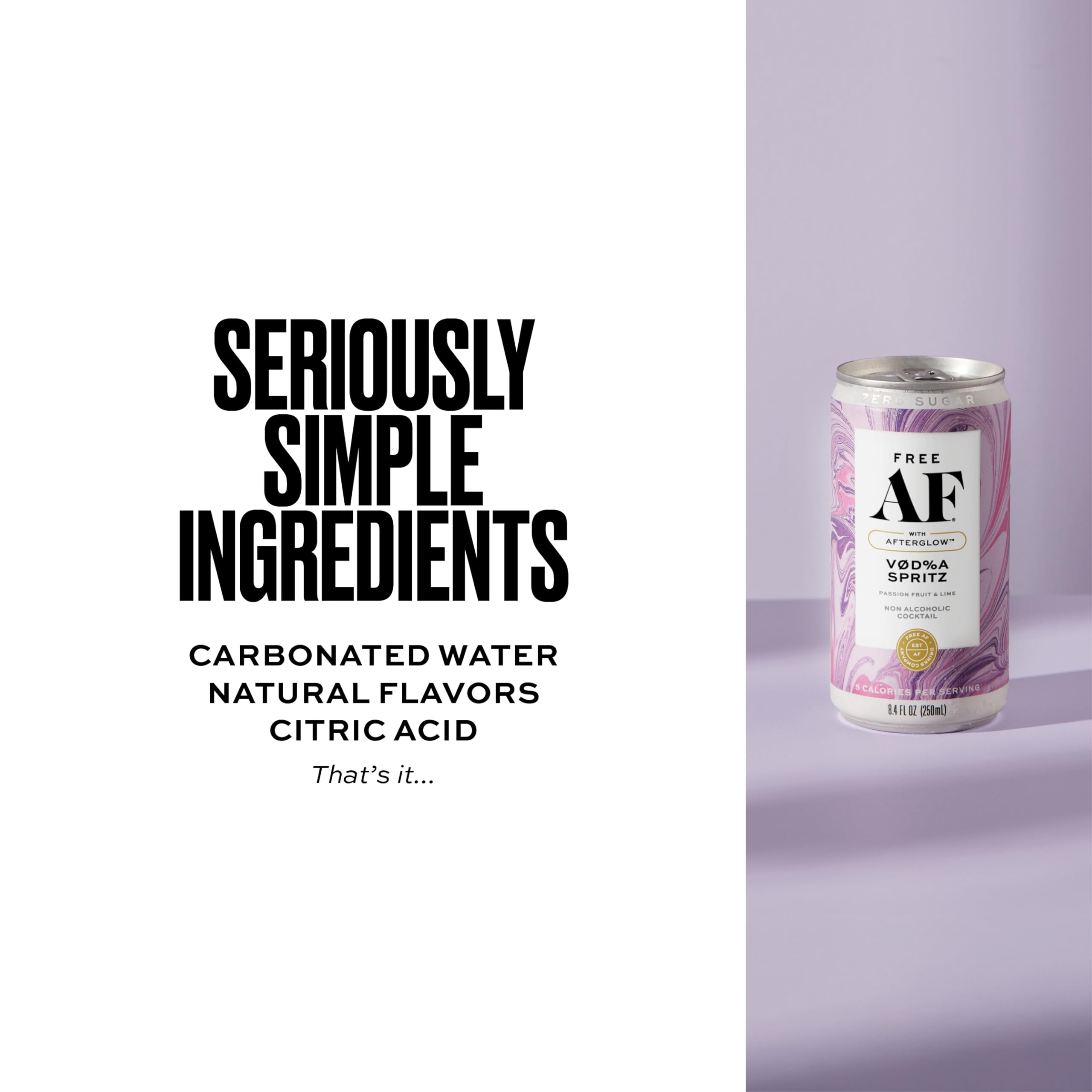 Free AF non-alcoholic vodka spritz 4-pack packaging highlights ready-to-drink option