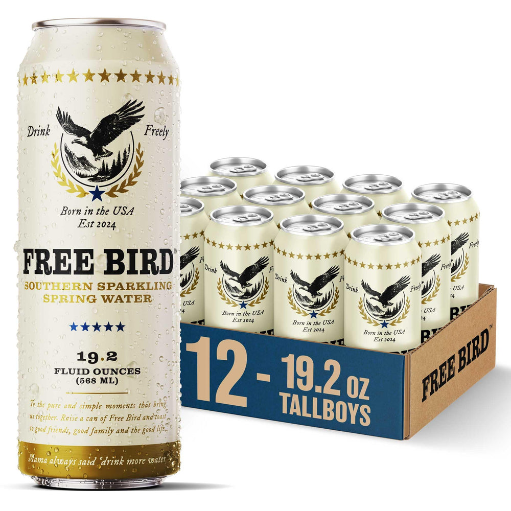 Free Bird Sparkling Southern Spring Water can front view for on-the-go hydration.