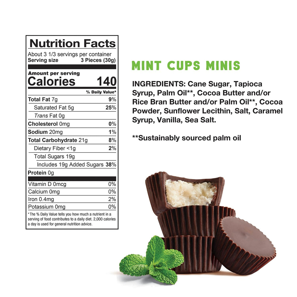 Close-up of Free2b Mint Mini Cups bag highlighting dairy-free chocolate texture