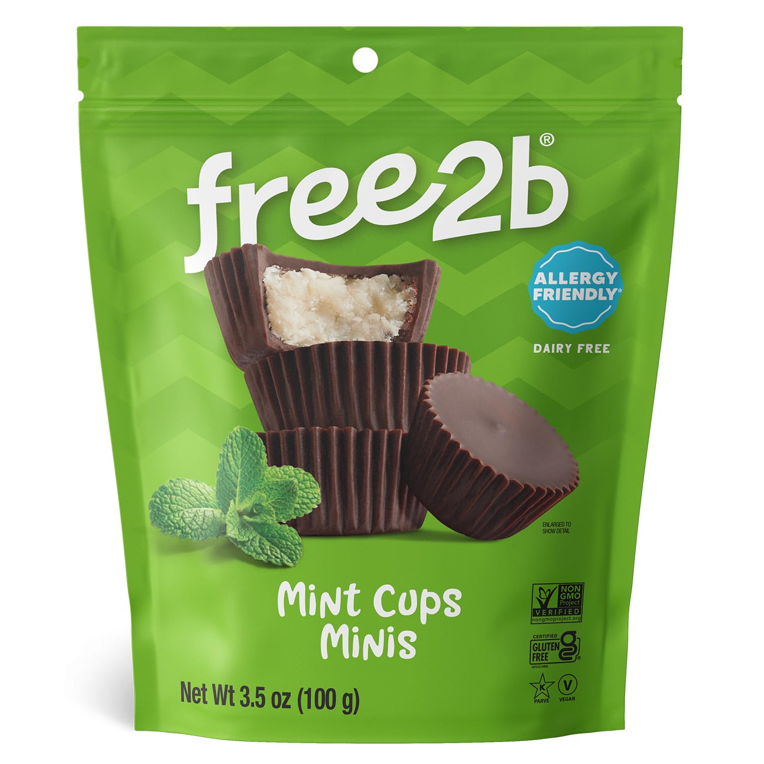 Free2b Mint Mini Cups packshot in resealable bag promoting allergy-friendly snack option
