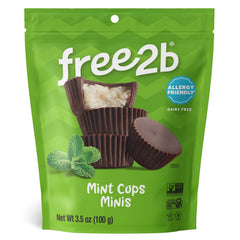 Free2b Mint Mini Cups packshot in resealable bag promoting allergy-friendly snack option