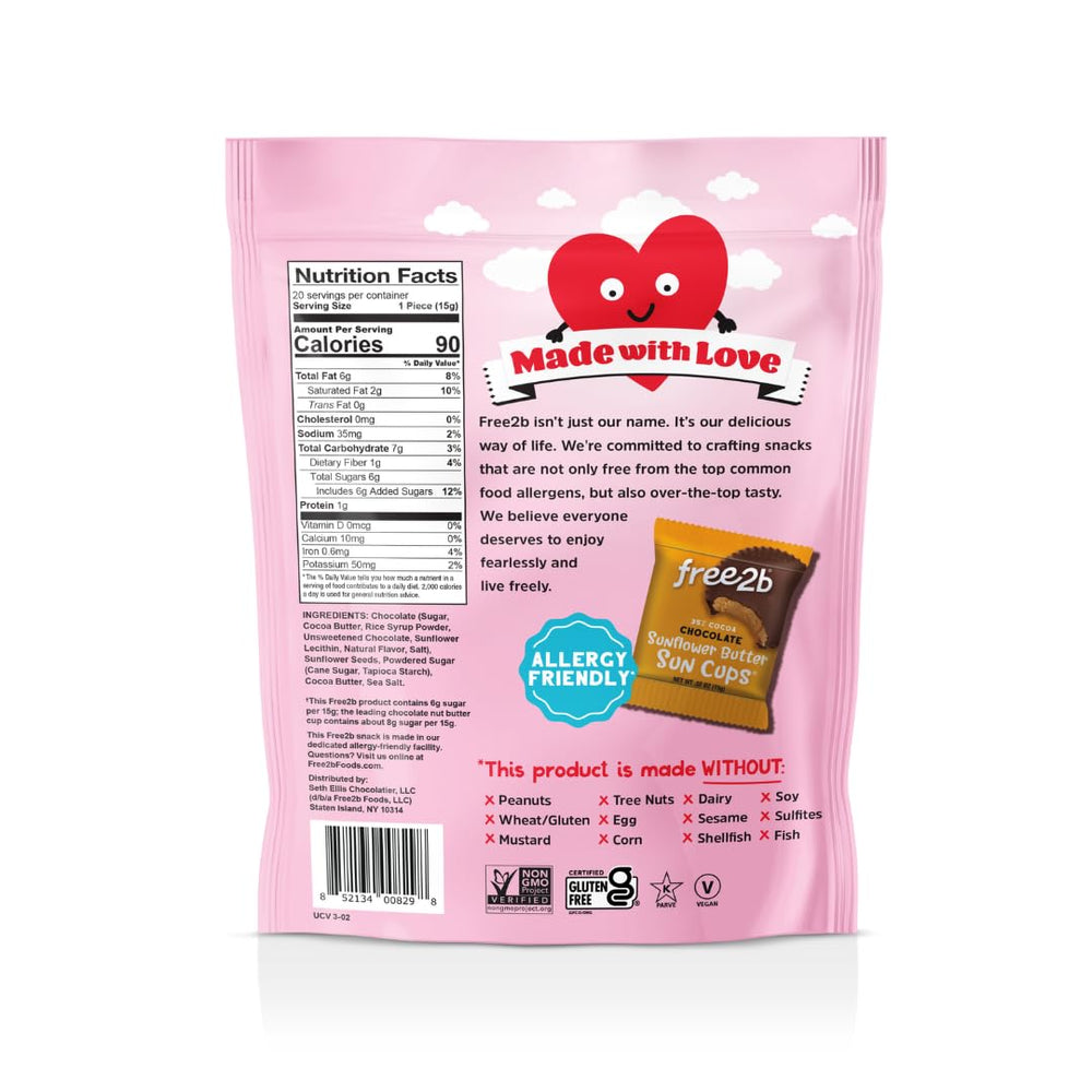 Free 2b sunflower butter sun cups packaging emphasizes allergen-free ingredients and gluten-free status.