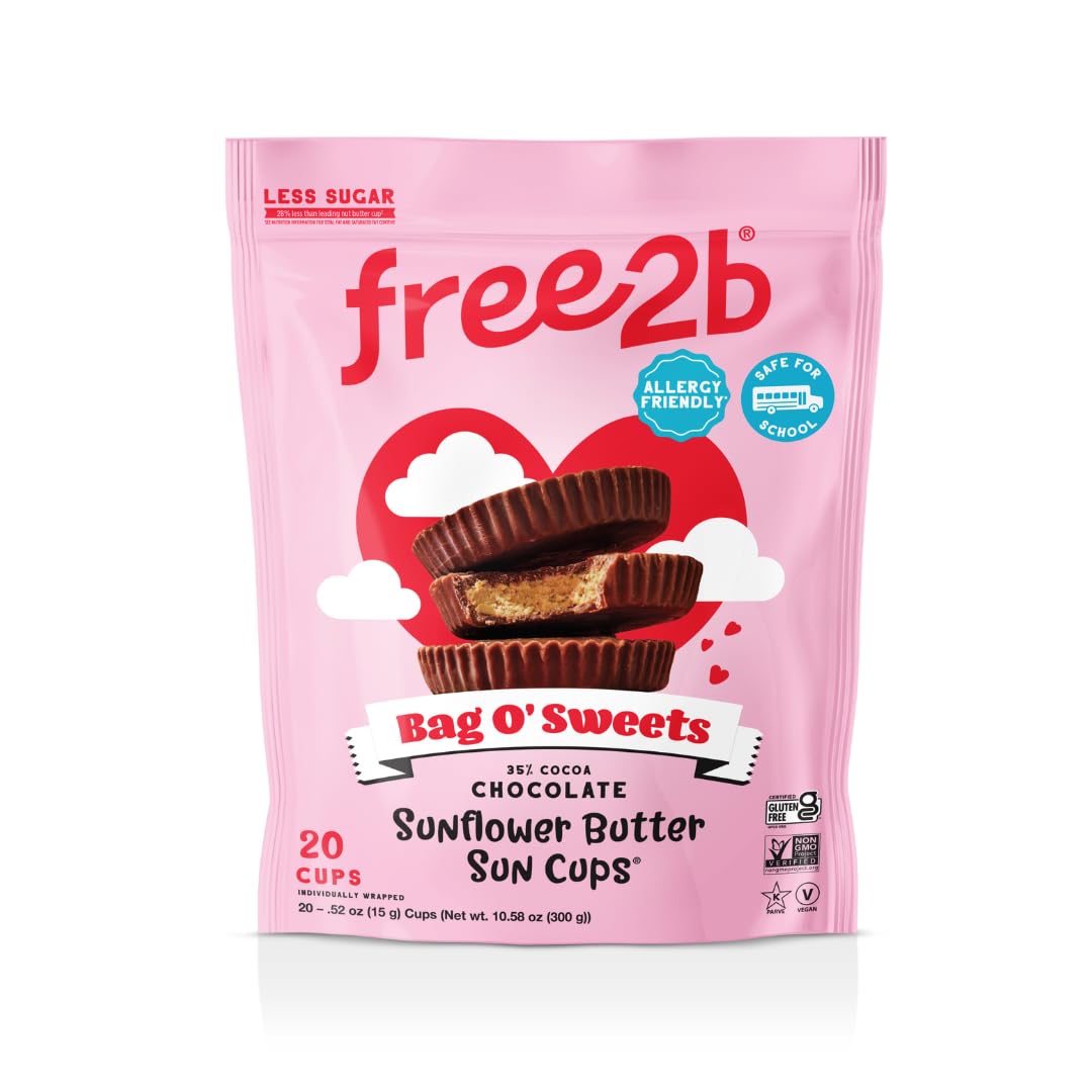 Free 2b Valentine's sun cups box showing festive packaging for allergen-friendly treats.