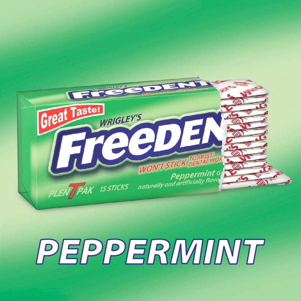 Freedent packaging indicates 15 sticks per pack for convenient use.