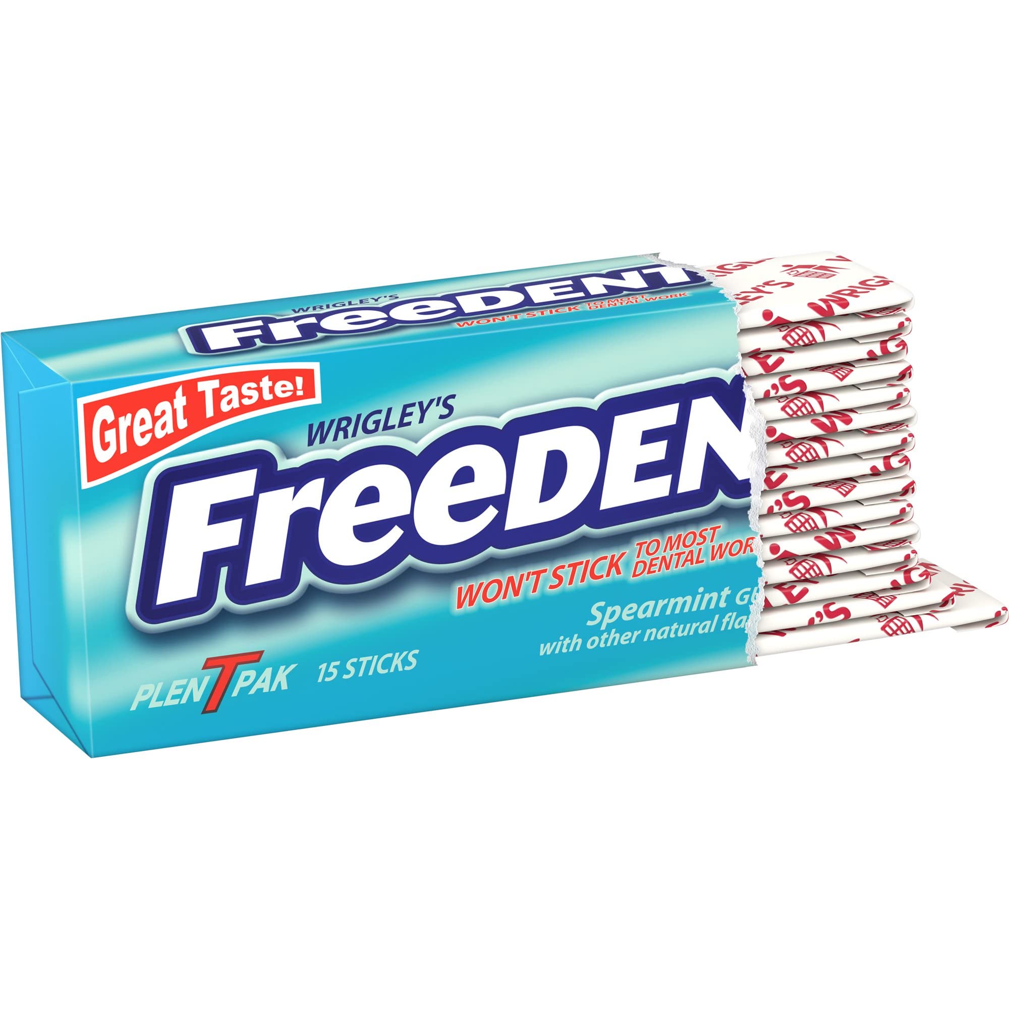 Freedent gum box on shelf showcases compact travel-friendly packaging.