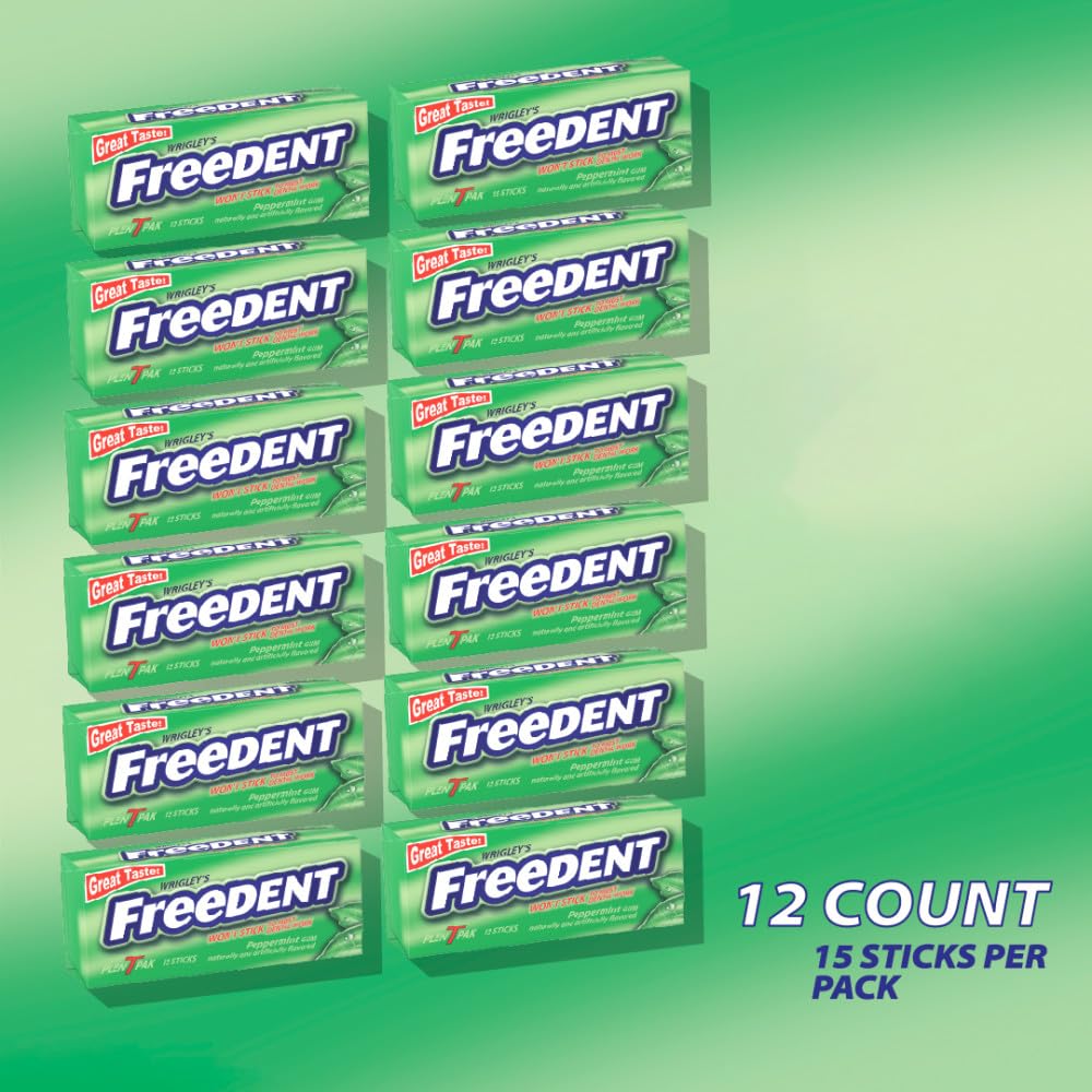 Freedent pack of 12 packs shown for bulk, on-the-go supply.