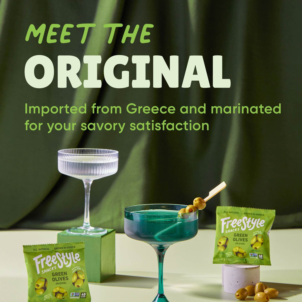 Freestyle Snacks Greek olives pack highlighting authentic Greek flavor